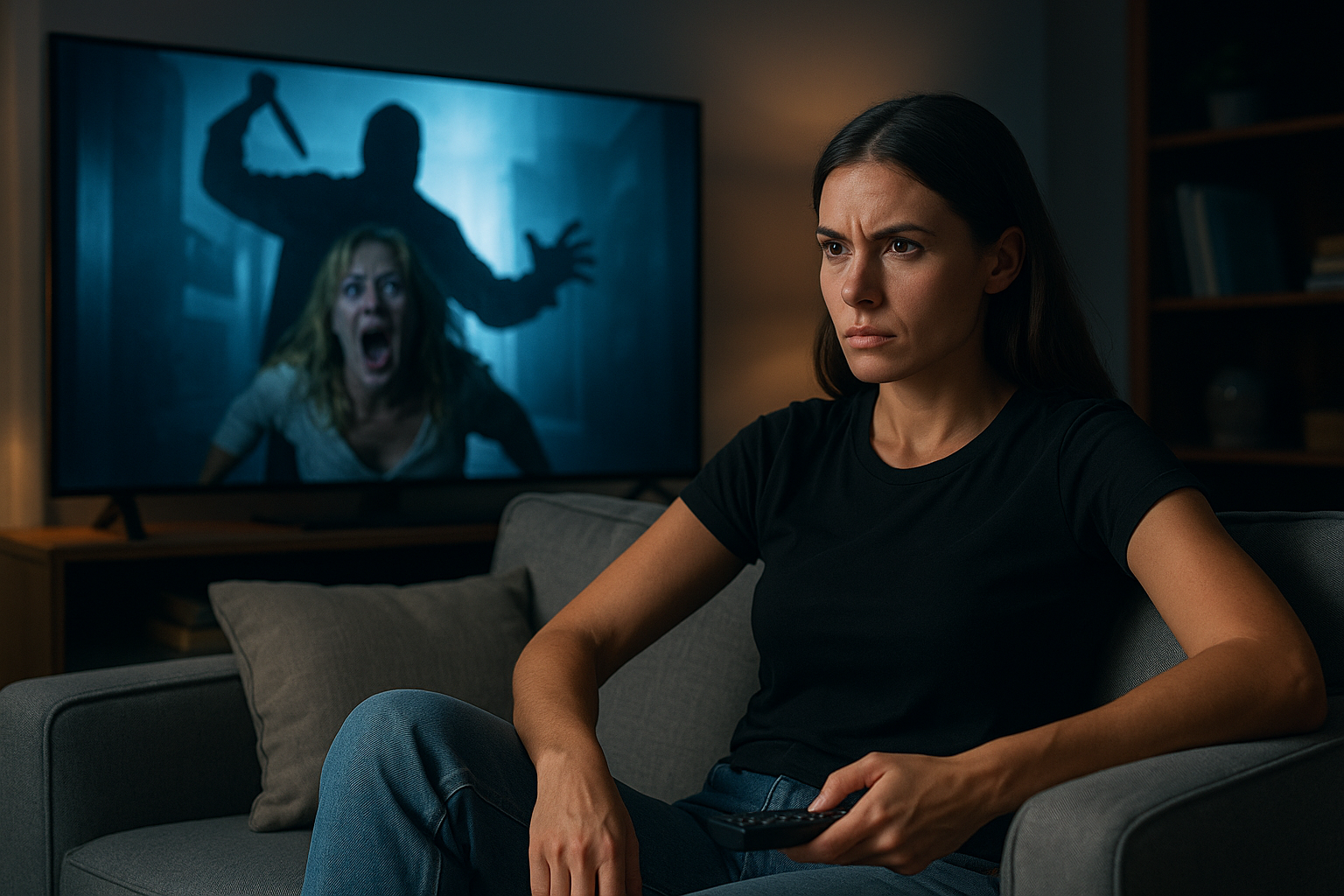 Final Woman watching a horror movie