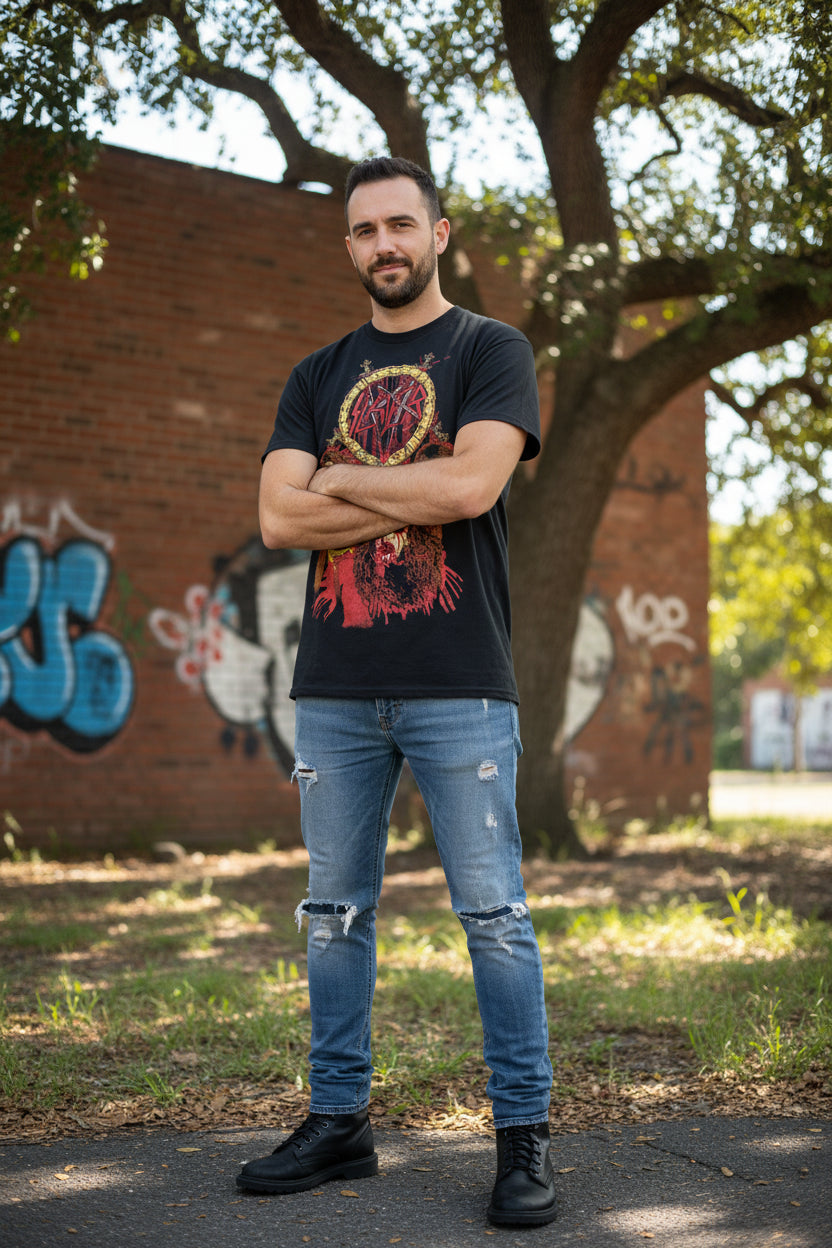 MAN WEARING SLAYER TEE MM-SYR-02S, MM-SYR-02M, MM-SYR-02L, MM-SYR-02X, MM-SYR-02XX, MM-SYR-02XXX