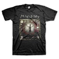 Black t-shirt with 'Ministry' band logo and design on a white background