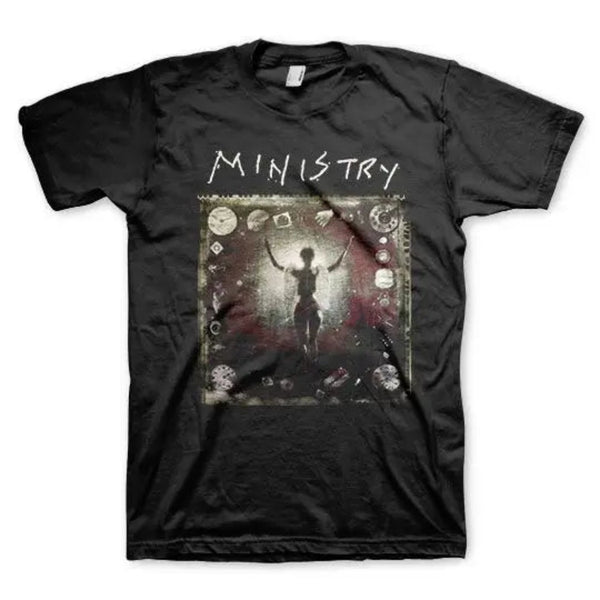 Black t-shirt with 'Ministry' band logo and design on a white background