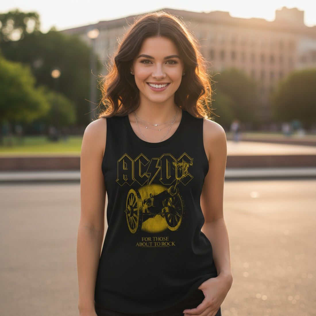 WOMAN WEARING AC/DC TANK TOP ACDC5171-329S, ACDC5171-329M, ACDC5171-329L, ACDC5171-329XL, ACDC5171-329XXL