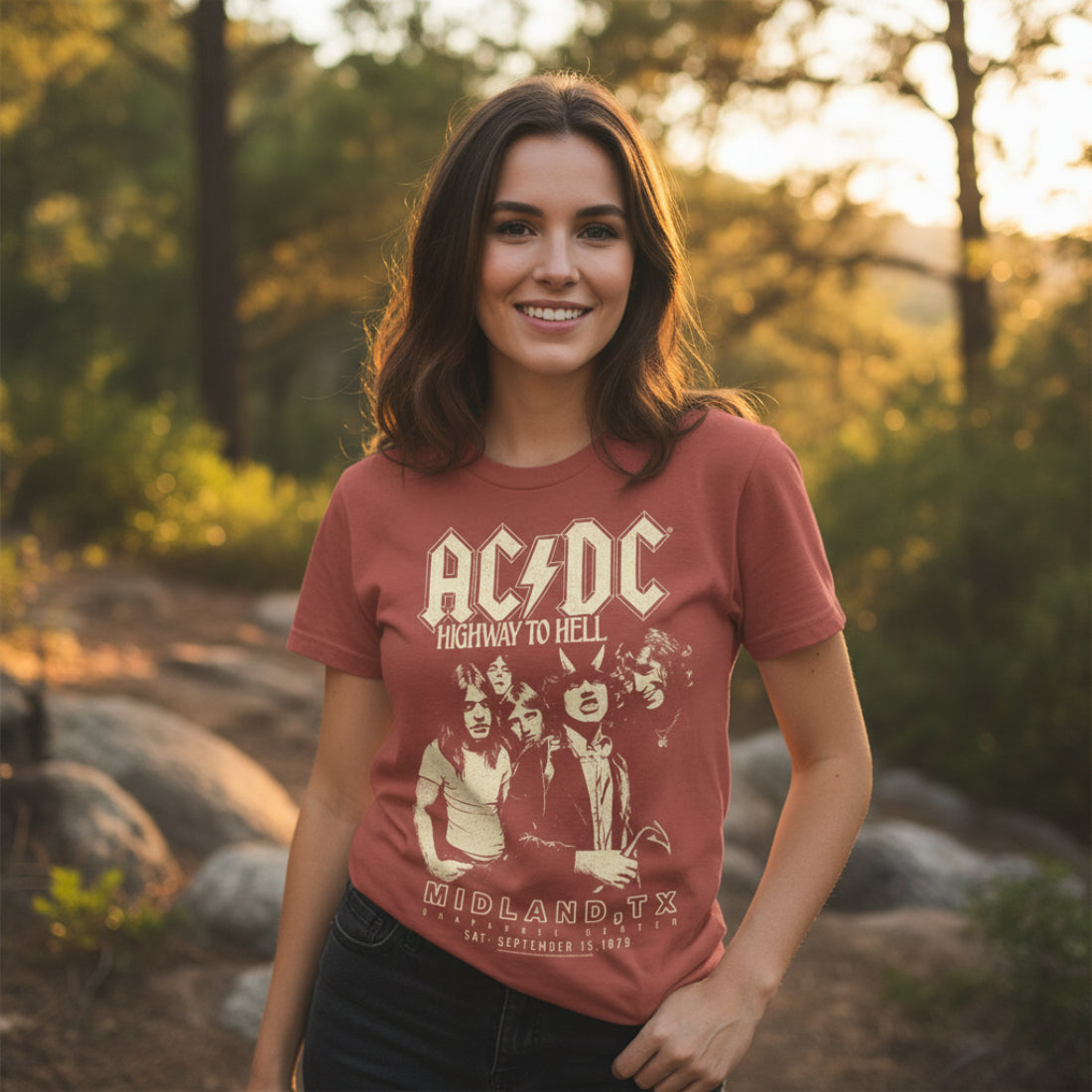 WOMAN WEARING ACDC HIGHWAY TO HELL MIDLAND TX SHIRT ACDC5198S, ACDC5198M, ACDC5198L, ACDC5198XL, ACDC5198XXL
