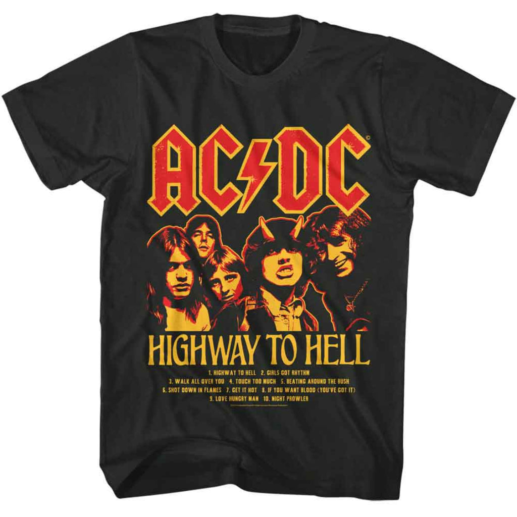 Black t-shirt with AC/DC graphic and 'Highway to Hell' album design on a white background