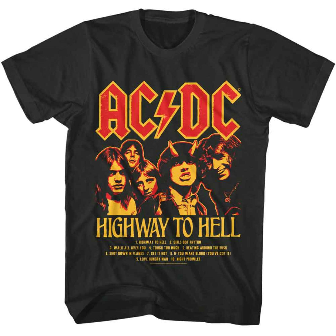 Black t-shirt with AC/DC graphic and 'Highway to Hell' album design on a white background