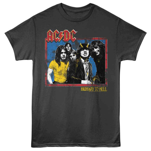 Gray t-shirt with AC/DC band graphic and 'Highway to Hell' text on a white background