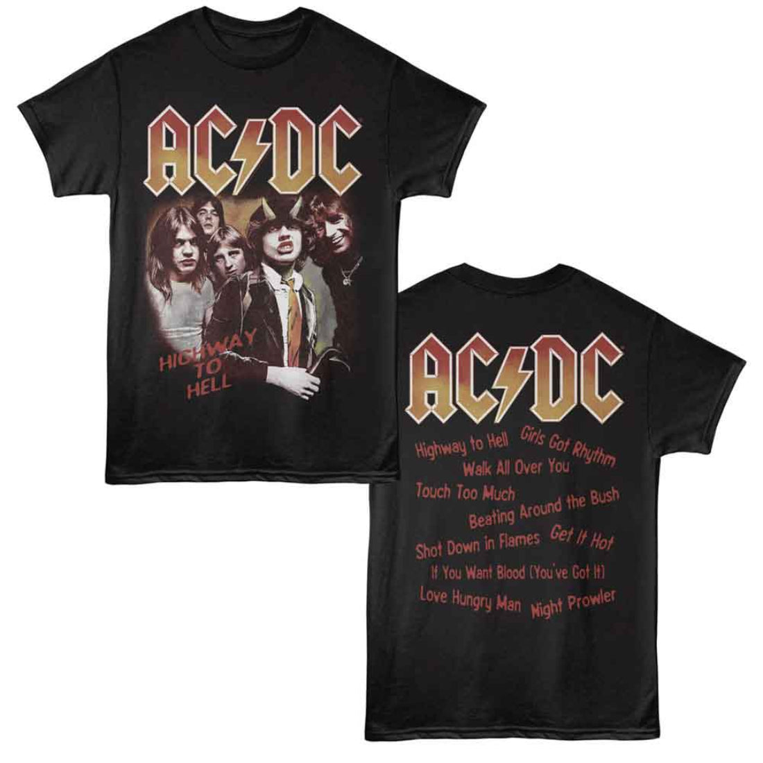 Black t-shirt with AC/DC graphic and album cover design on a white background