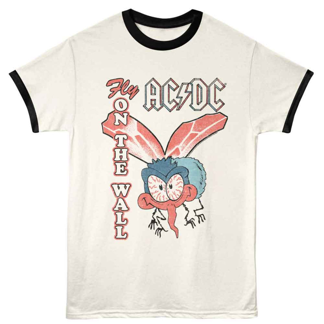 White t-shirt with black trim featuring AC/DC graphic and cartoon character on a white background
