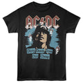 Black t-shirt with AC/DC graphic featuring a stylized portrait and text on a white background