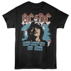Black t-shirt with AC/DC graphic featuring a stylized portrait and text on a white background