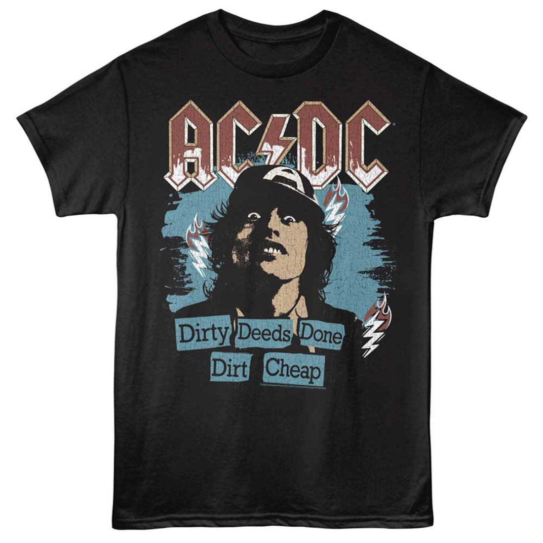 Black t-shirt with AC/DC graphic featuring a stylized portrait and text on a white background