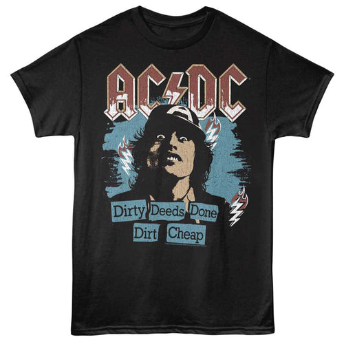 Black t-shirt with AC/DC graphic featuring a stylized portrait and text on a white background