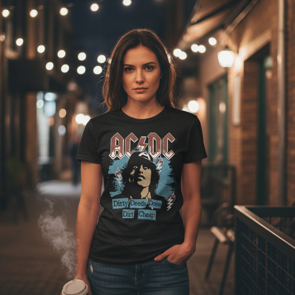 WOMAN WEARING ACDC TEE ACDC5225S, ACDC5225M, ACDC5225L, ACDC5225XL, ACDC5225XXL, ACDC5225XXXL, ACDC5225XXXXL, ACDC5225XXXXXL