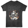 Black t-shirt with AC/DC logo and graphic of a dog with a bone on a white background
