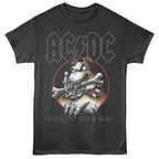 Black t-shirt with AC/DC logo and graphic of a dog with a bone on a white background