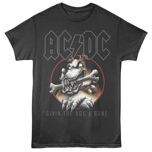 Black t-shirt with AC/DC logo and graphic of a dog with a bone on a white background
