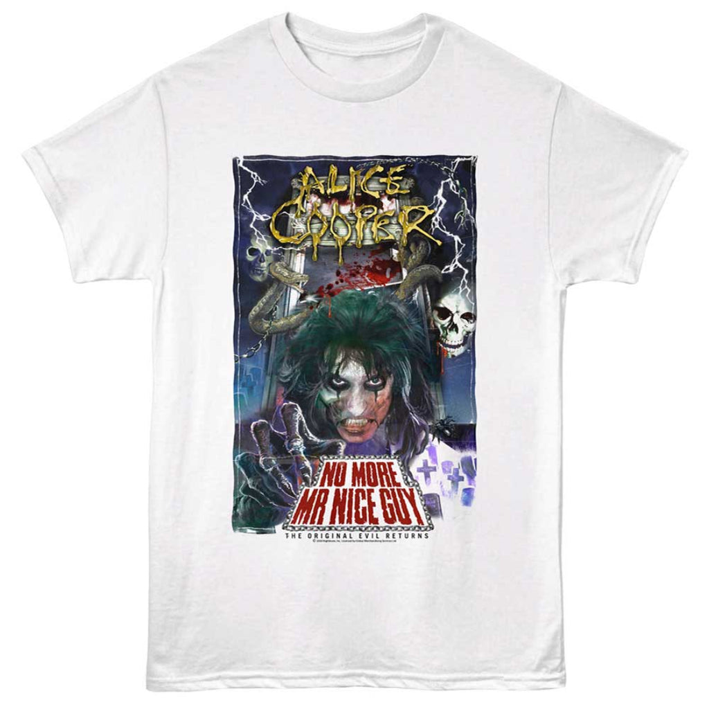 White t-shirt with Alice Cooper graphic design on a white background