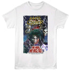 White t-shirt with Alice Cooper graphic design on a white background