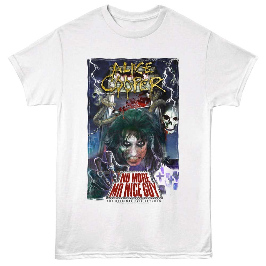 White t-shirt with Alice Cooper graphic design on a white background