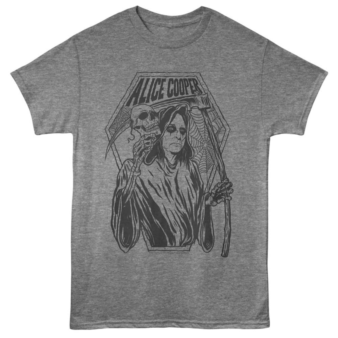 Gray t-shirt with black graphic design of a skeleton holding a guitar and 'Alice Cooper' text.