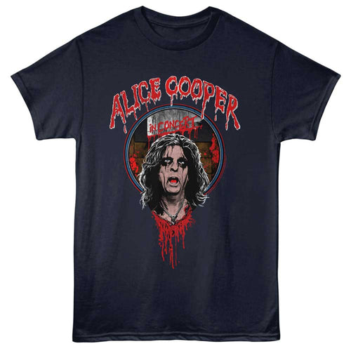 Black t-shirt with Alice Cooper graphic design on a white background