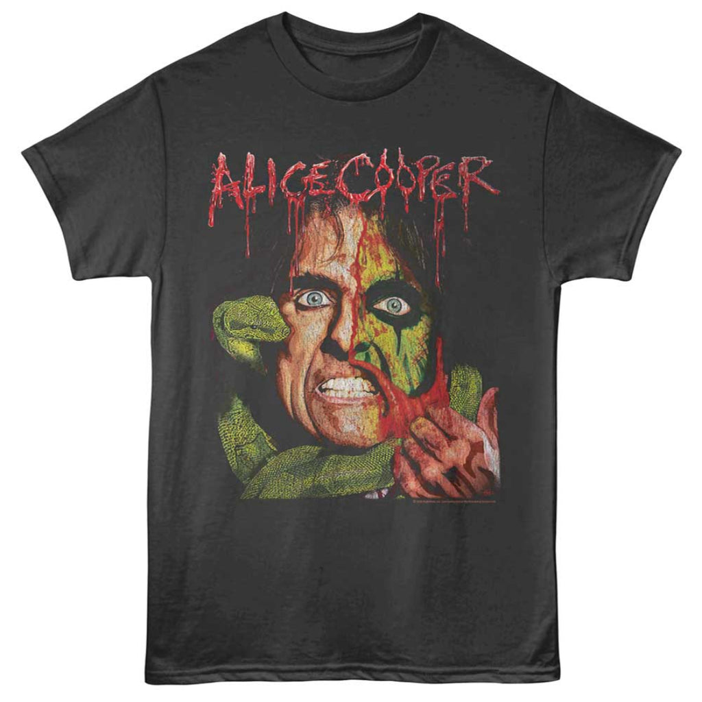 Black t-shirt with Alice Cooper graphic design on a white background