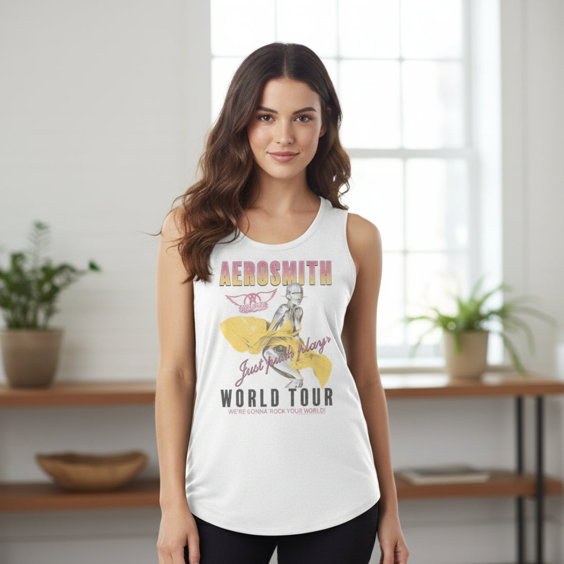 WOMAN WEARING AEROSMITH TANK TOP AERO580-329S, AERO580-329M, AERO580-329L, AERO580-329XL, AERO580-329XXL