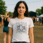 Woman wearing a white t-shirt with 'Alice in Chains' graphic at a music festival.AIC502S, AIC502M, AIC502L, AIC502XL, AIC502XXL, AIC502XXXL, AIC502XXXXL, AIC502XXXXXL