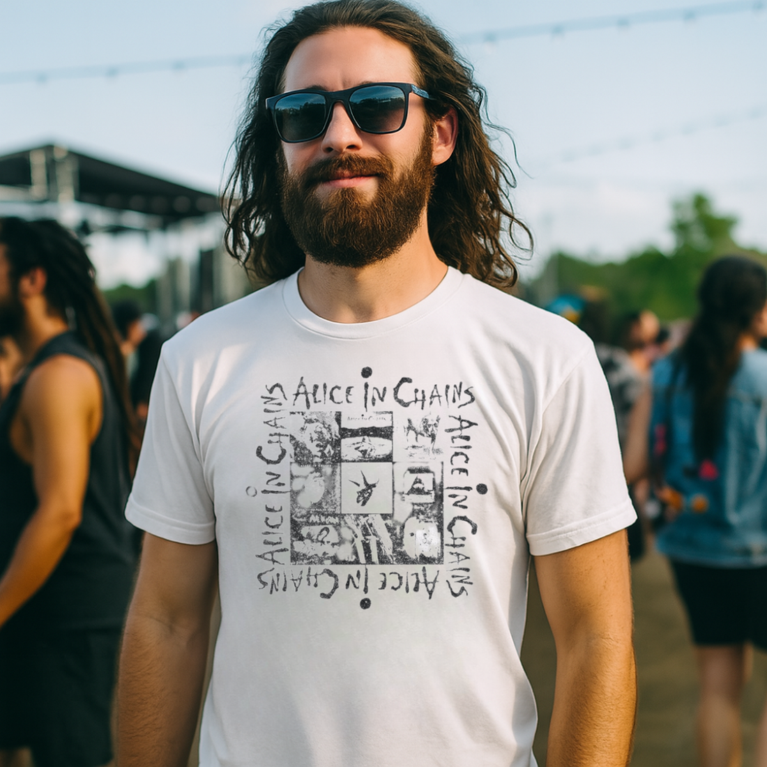 Man wearing a white 'Alice in Chains' t-shirt with sunglasses and long hair at an outdoor event. AIC502S, AIC502M, AIC502L, AIC502XL, AIC502XXL, AIC502XXXL, AIC502XXXXL, AIC502XXXXXL