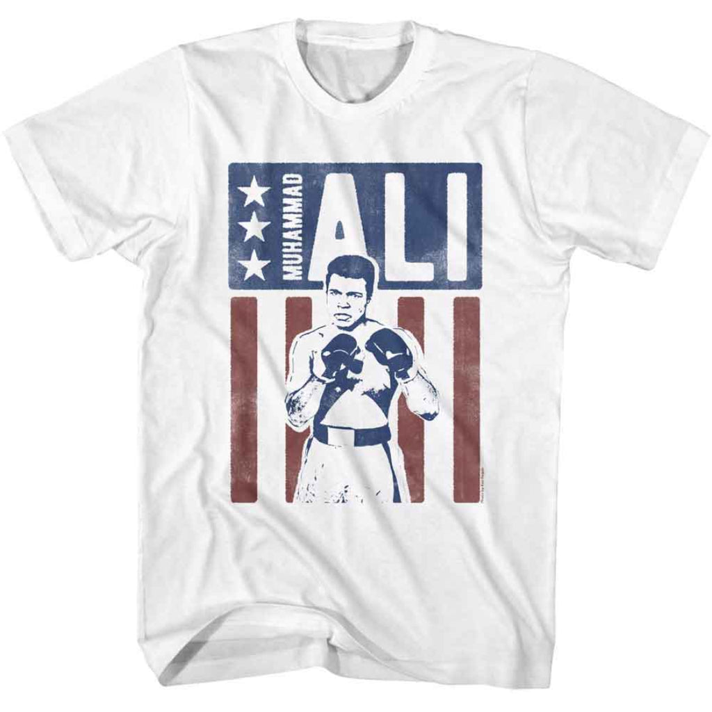 White t-shirt with a graphic of Muhammad Ali and American flag design on a white background