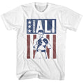 White t-shirt with a graphic of Muhammad Ali and American flag design on a white background