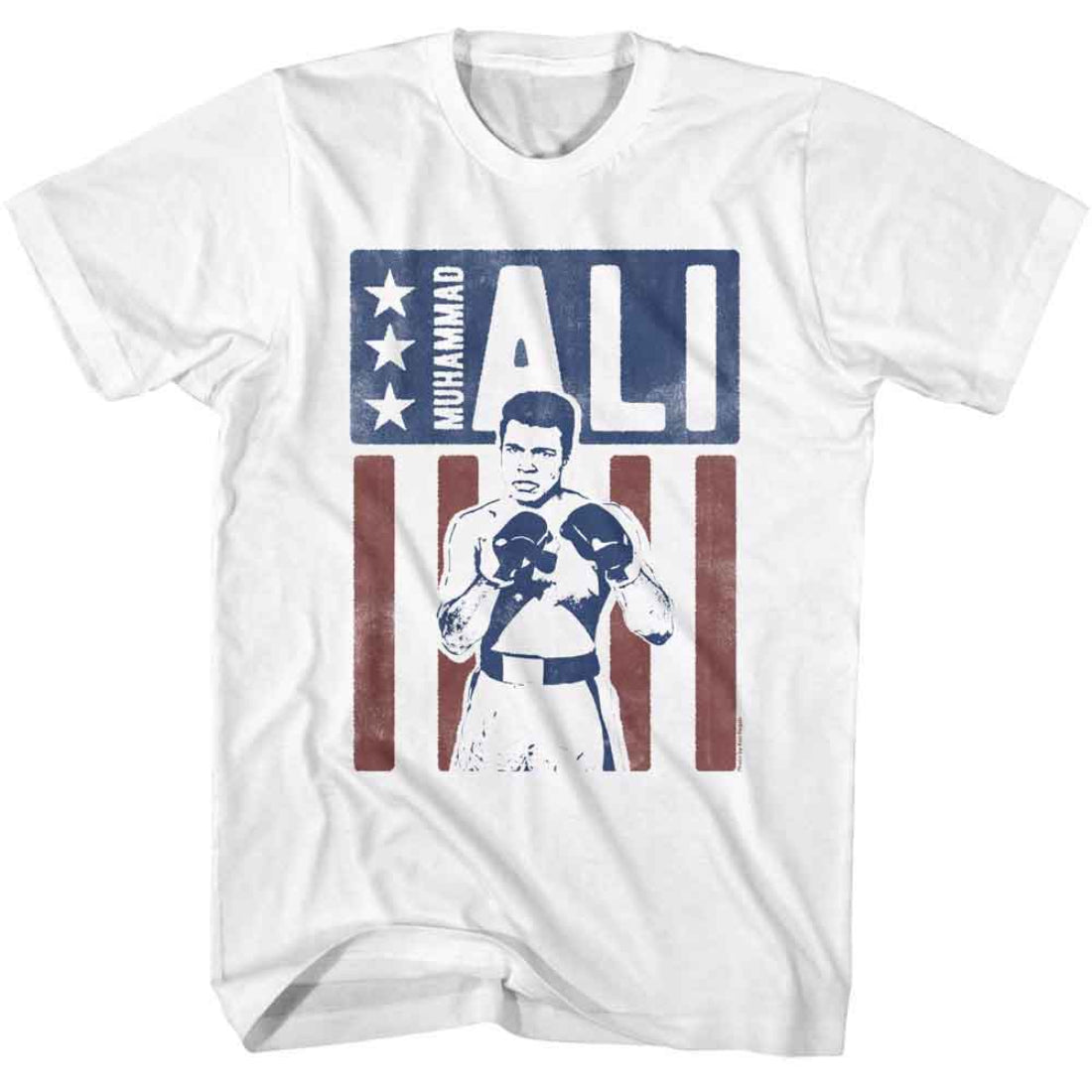 White t-shirt with a graphic of Muhammad Ali and American flag design on a white background