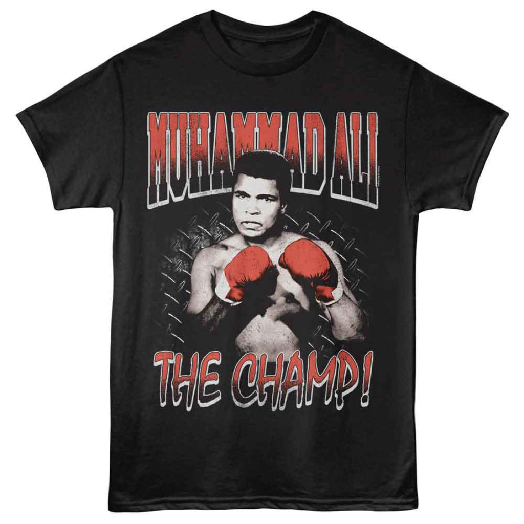 Black t-shirt with Muhammad Ali graphic and text 'Muhammad Ali The Champ!' on a white background