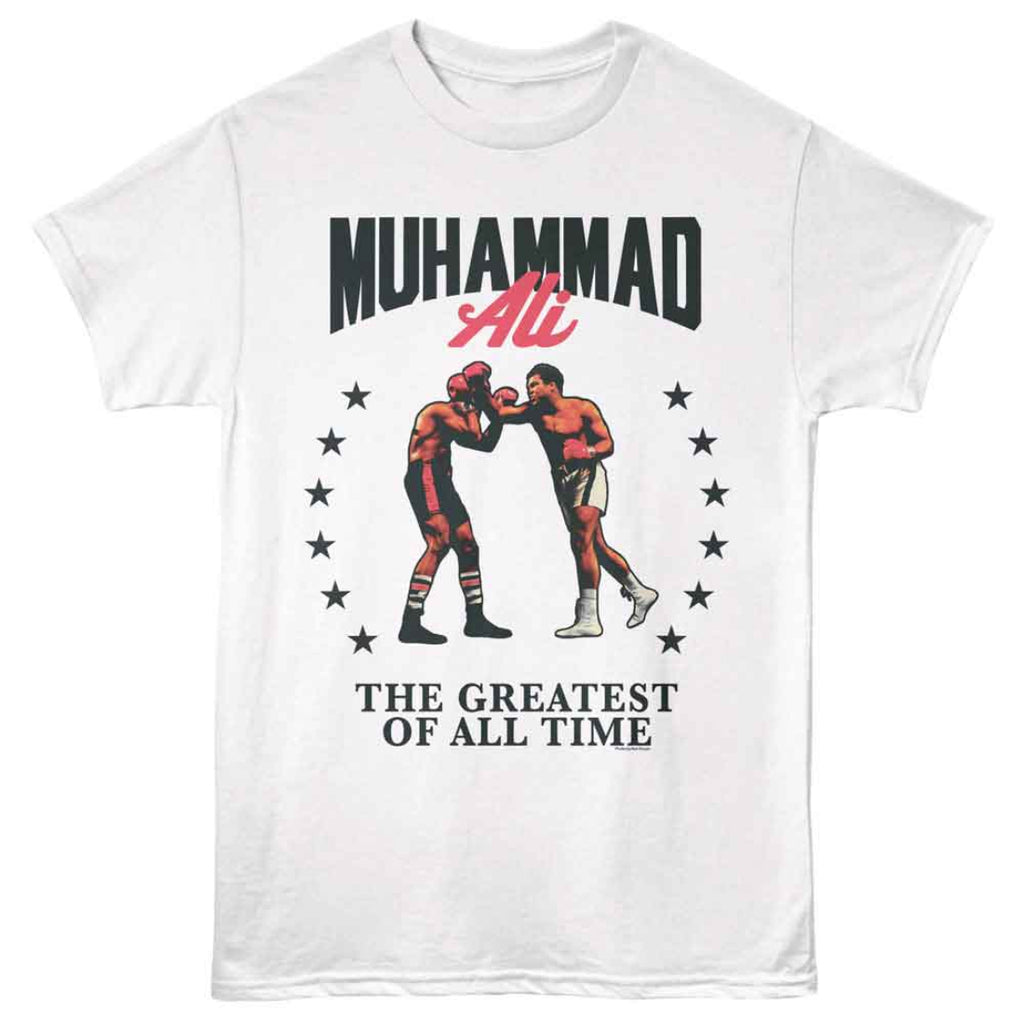 White t-shirt with Muhammad Ali graphic and text on a white background