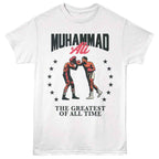 White t-shirt with Muhammad Ali graphic and text on a white background
