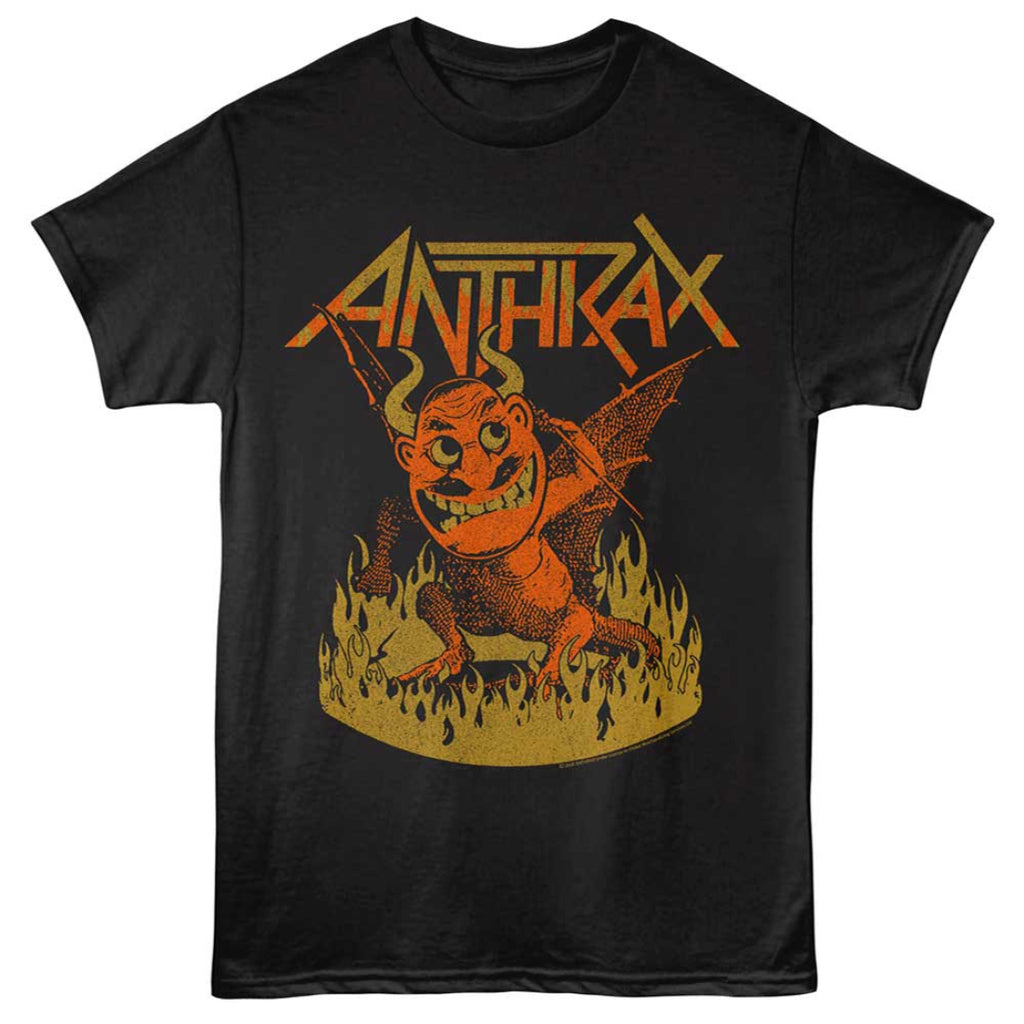 Black t-shirt with Anthrax band logo featuring a demon graphic on a white background