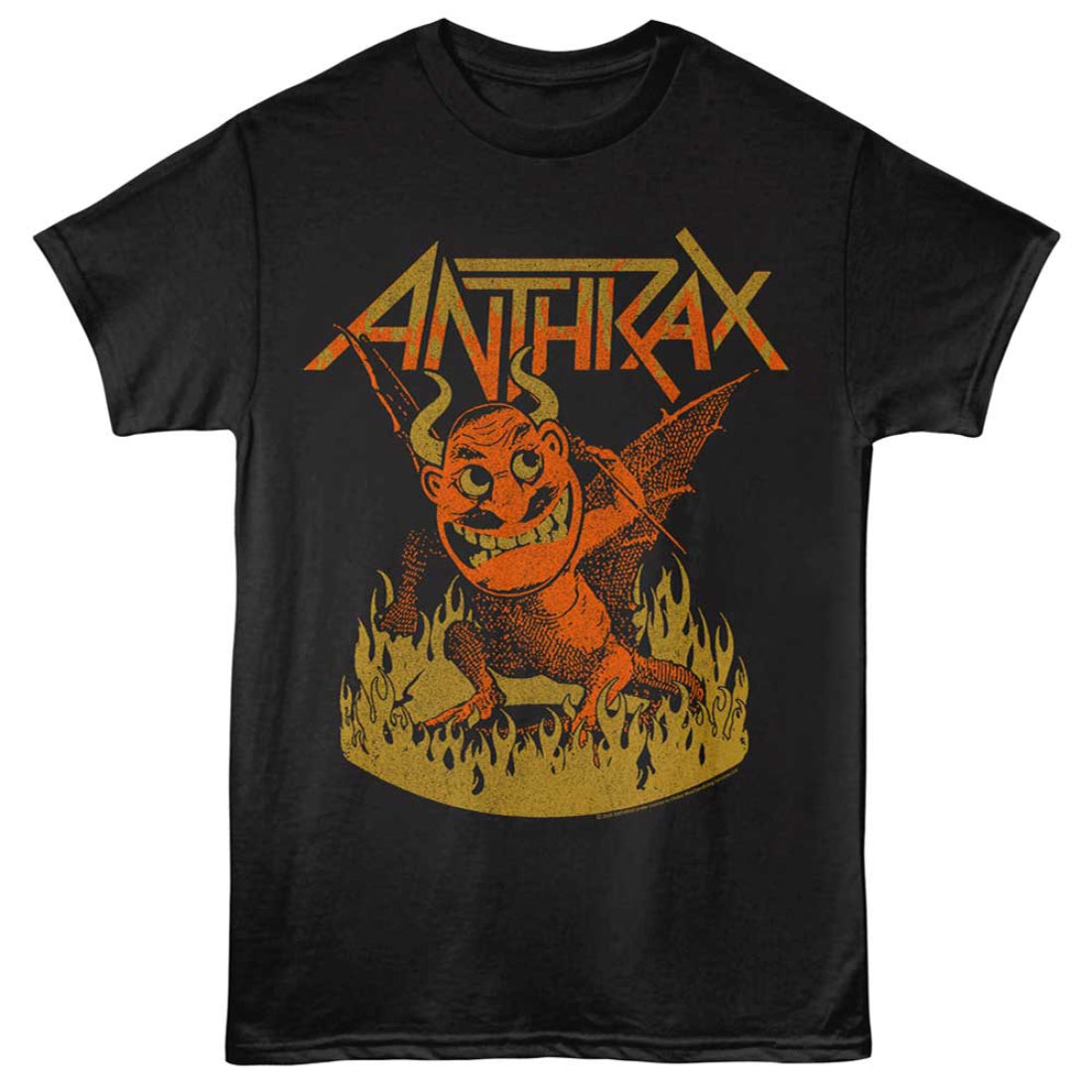 Black t-shirt with Anthrax band logo featuring a demon graphic on a white background