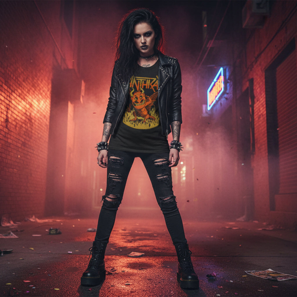 woman wearing Black t-shirt with Anthrax band logo featuring a devil graphic on a white background ATX512S, ATX512M, ATX512L, ATX512XL, ATX512XXL, ATX512XXXL, ATX512XXXXL, ATX512XXXXXL
