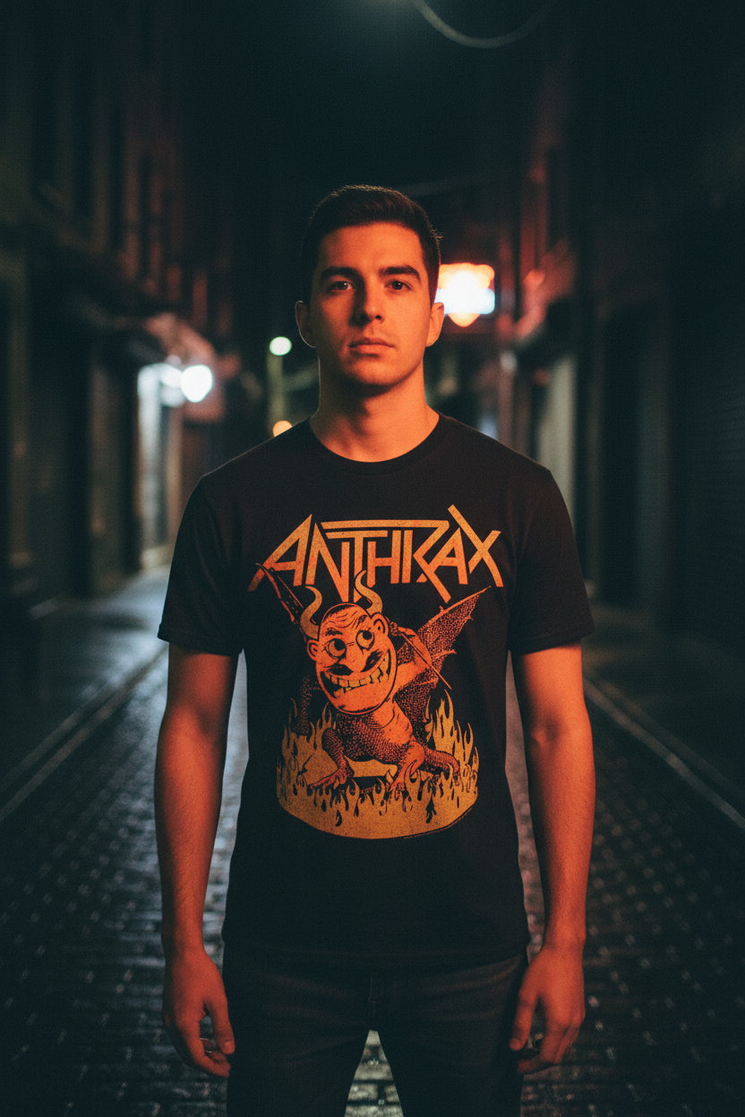 man wearing anthrax tee ATX512S, ATX512M, ATX512L, ATX512XL, ATX512XXL, ATX512XXXL, ATX512XXXXL, ATX512XXXXXL