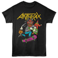 Black t-shirt with Anthrax graphic design featuring a character on a skateboard.