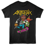 Black t-shirt with Anthrax graphic design featuring a character on a skateboard.