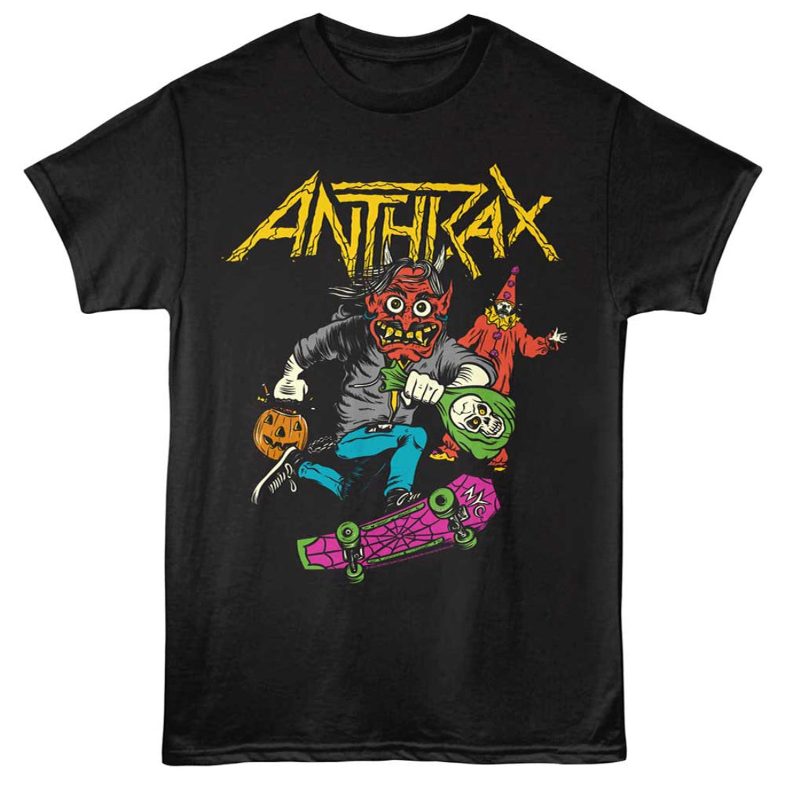 Black t-shirt with Anthrax graphic design featuring a character on a skateboard.