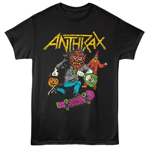 Black t-shirt with Anthrax graphic design featuring a character on a skateboard.