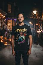 man wearing Black t-shirt with Anthrax graphic design featuring a character on a skateboard. ATX513S, ATX513M, ATX513L, ATX513XL, ATX513XXL, ATX513XXXL, ATX513XXXXL, ATX513XXXXXL