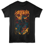 Black t-shirt with colorful graphic design and 'Anthrax' text on a white background