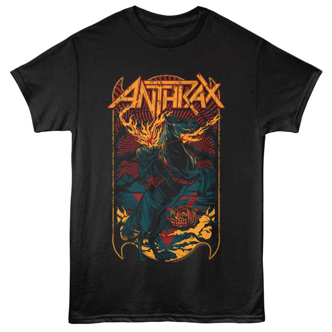 Black t-shirt with colorful graphic design and 'Anthrax' text on a white background