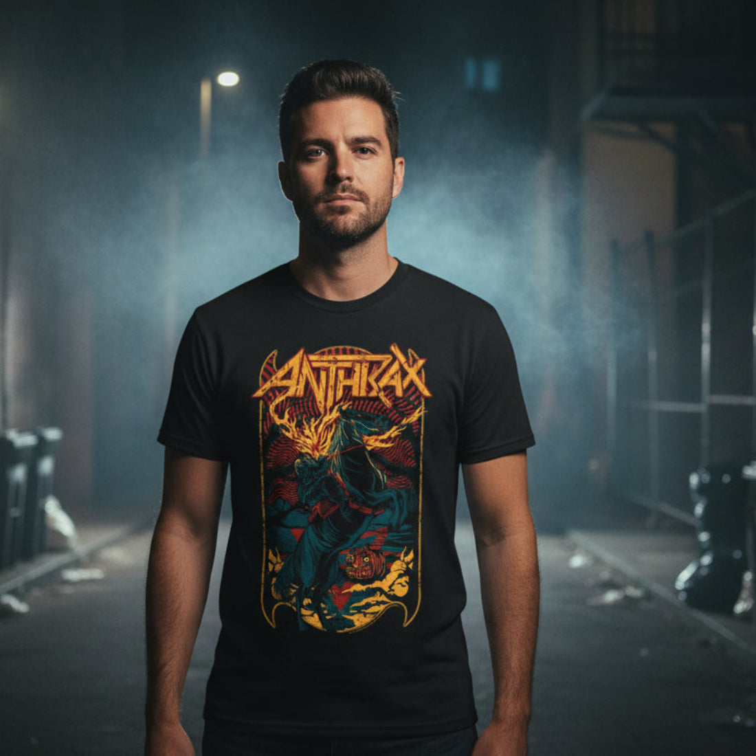 man wearing Black t-shirt with colorful graphic design and 'Anthrax' text on a white background ATX514S, ATX514M, ATX514L, ATX514XL, ATX514XXL, ATX514XXXL, ATX514XXXXL, ATX514XXXXXL