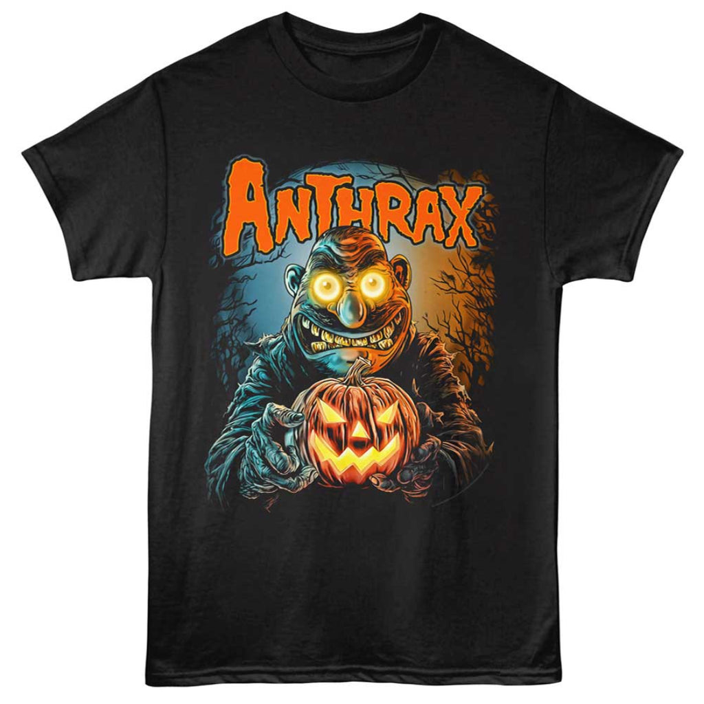 Black t-shirt with a graphic design of a character holding a pumpkin and the word 'Anthrax' on a white background.