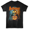 Black t-shirt with a graphic design of a character holding a pumpkin and the word 'Anthrax' on a white background.