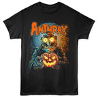 Black t-shirt with a graphic design of a character holding a pumpkin and the word 'Anthrax' on a white background.