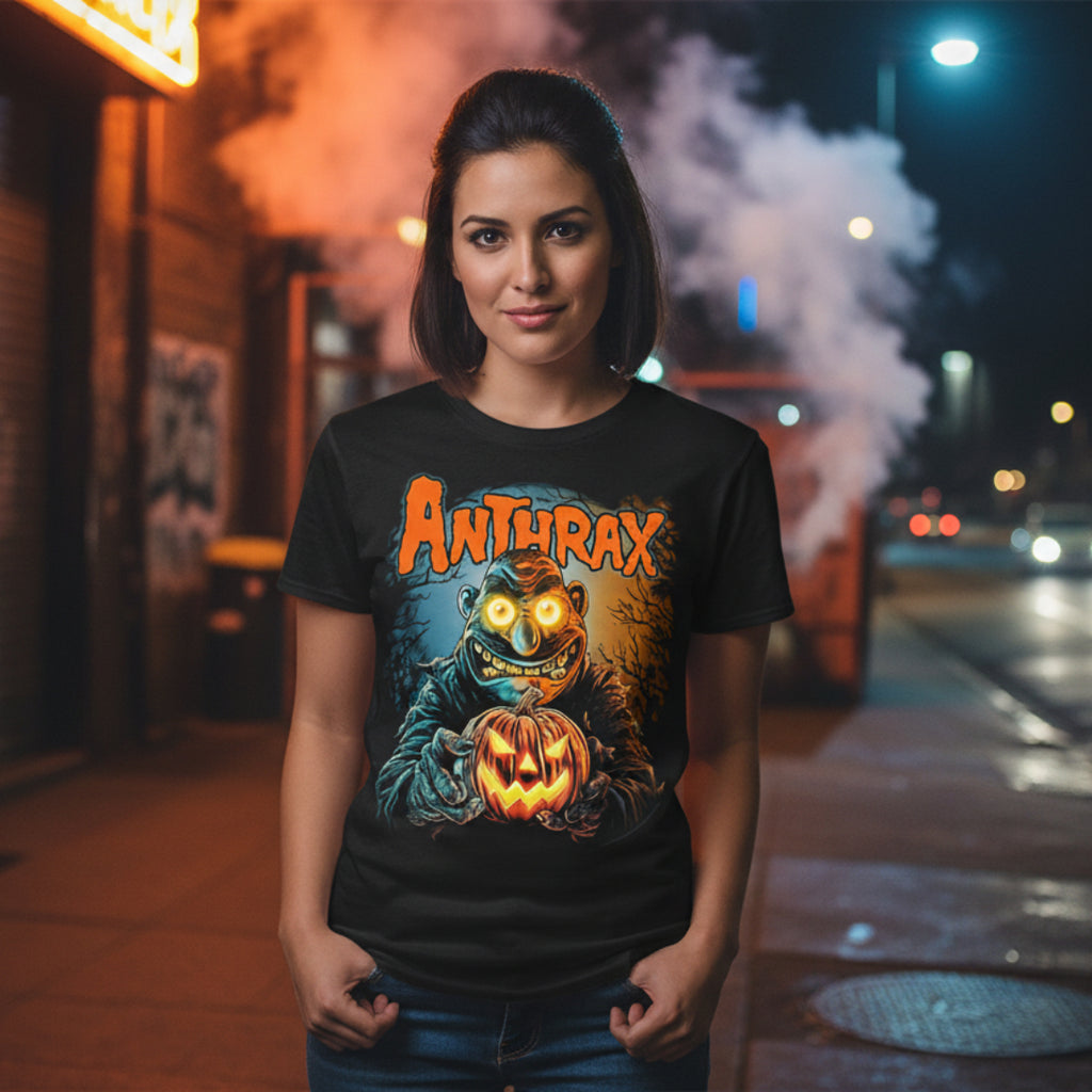 woman wearing Anthrax tee ATX515S, ATX515M, ATX515L, ATX515XL, ATX515XXL, ATX515XXXL, ATX515XXXXL, ATX515XXXXXL
